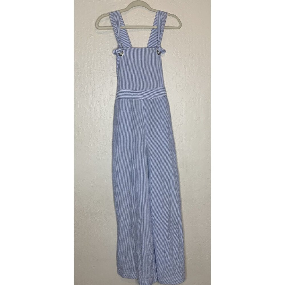 Blue and White Wide Leg Jumpsuit with Square Neckline